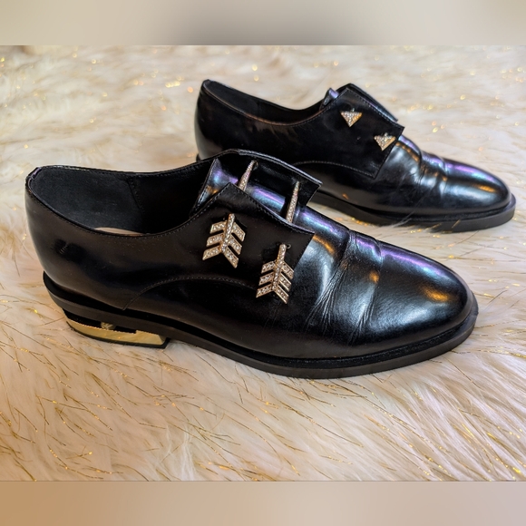 Coliac Elegant Black leather slip-on Derby Shoes Diamond Studded Arrows Size 8 - Picture 1 of 13